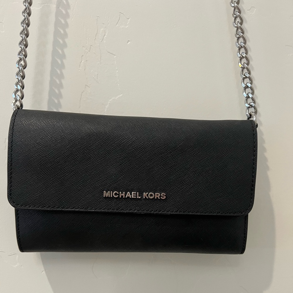 Michael Kors Foldover Chain Shoulder Bag - Crossbody Black Saffino Leather
